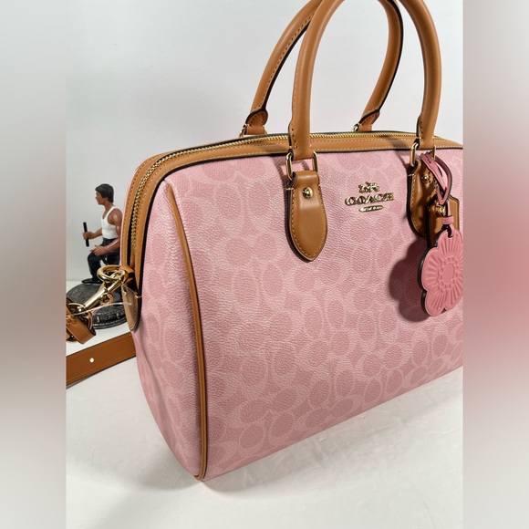 Coach Powder Pink Rowan Large Satchel Bag In Signature With Charms NWT - Picture 7 of 9